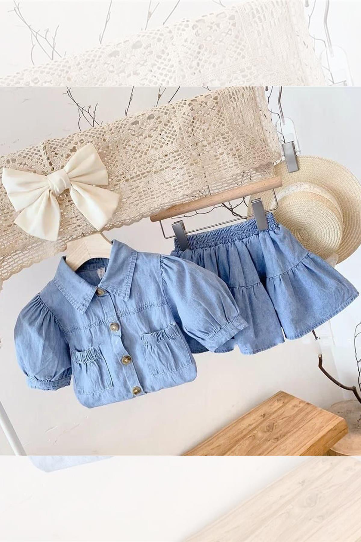 

Детский костюм с воротником для младенцев и двойными карманами на эластичной резинке на талии и пуговицами, костюм с голубой юбкой