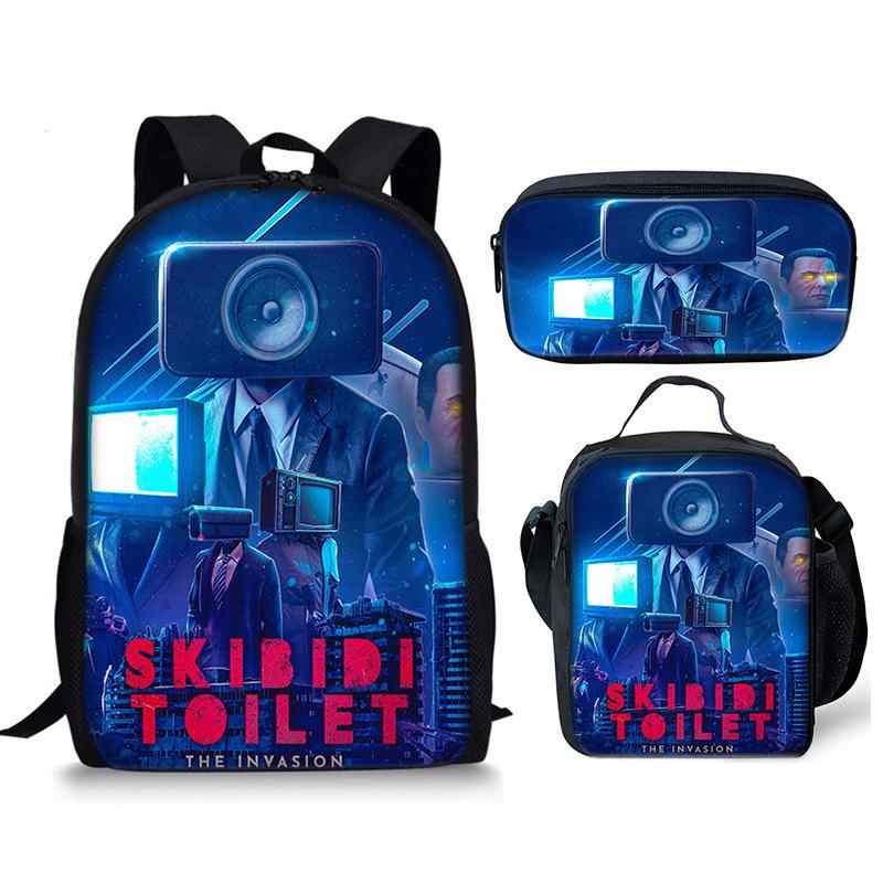 Toilet Man Backpack Trendy Backpack European and American Retro Schoolbag Cartoon Backpack Three-piece Set