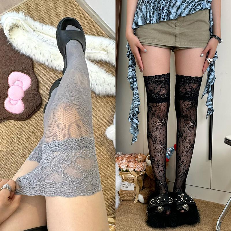 Calze autoreggenti Y2K da ragazza con fiori in pizzo e rete, stile giapponese JK, dolci con bordi in pizzo e volant, sopra il ginocchio, lunghe
