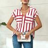 Womens Striped V Neck Short Sleeve Blouse With Pockets Casual Button Down Collared Shirt