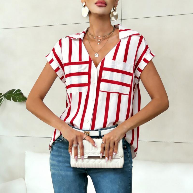 Womens Striped V Neck Short Sleeve Blouse With Pockets Casual Button Down Collared Shirt