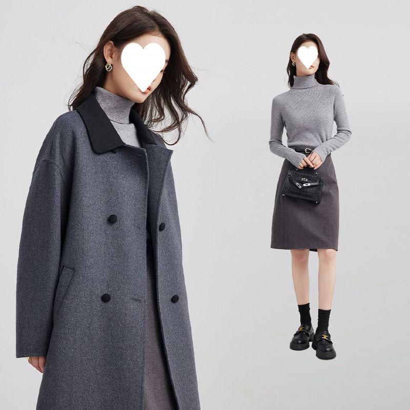 Women's Elegant Beige Woolen Mid-Length Coat, 2025 Winter French Casual, Petite Plus, Thick Outerwear