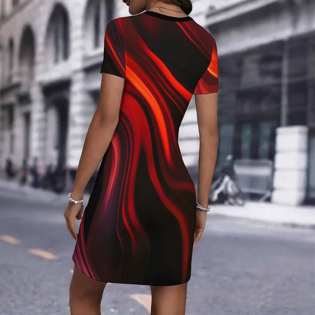 Vestido de Moda para Mujer Holgado con Estampado Abstracto, Cuello Redondo, Manga Corta, Estilo Streetwear, Línea A