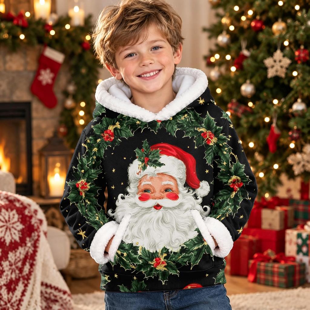 Kids Long Sleeve Christmas Print Casual Fashion Hooded Top