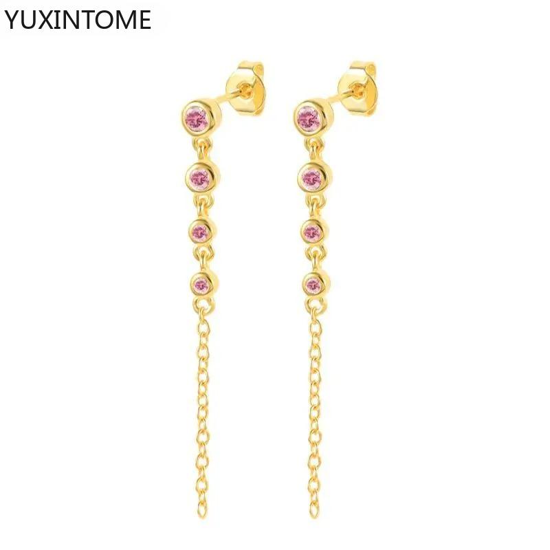 925 Silver Needle Long Chain Stud Earrings For Women Exquisite Zircon Geometric Tassel Pendant Earrings Luxury Jewelry
