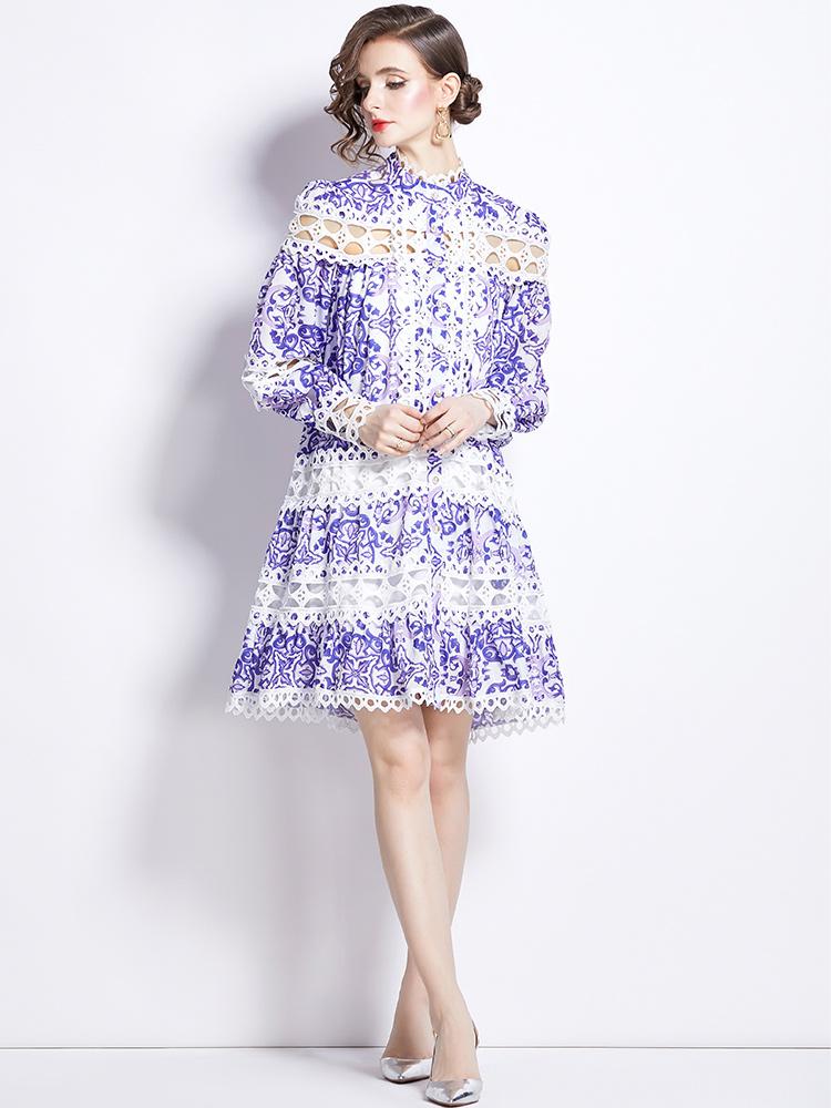 Summer Autumn Runway Embroidery Hollow Out Lace Crochet Dress Women's Single Breasted Print Lace-up Party Dresses