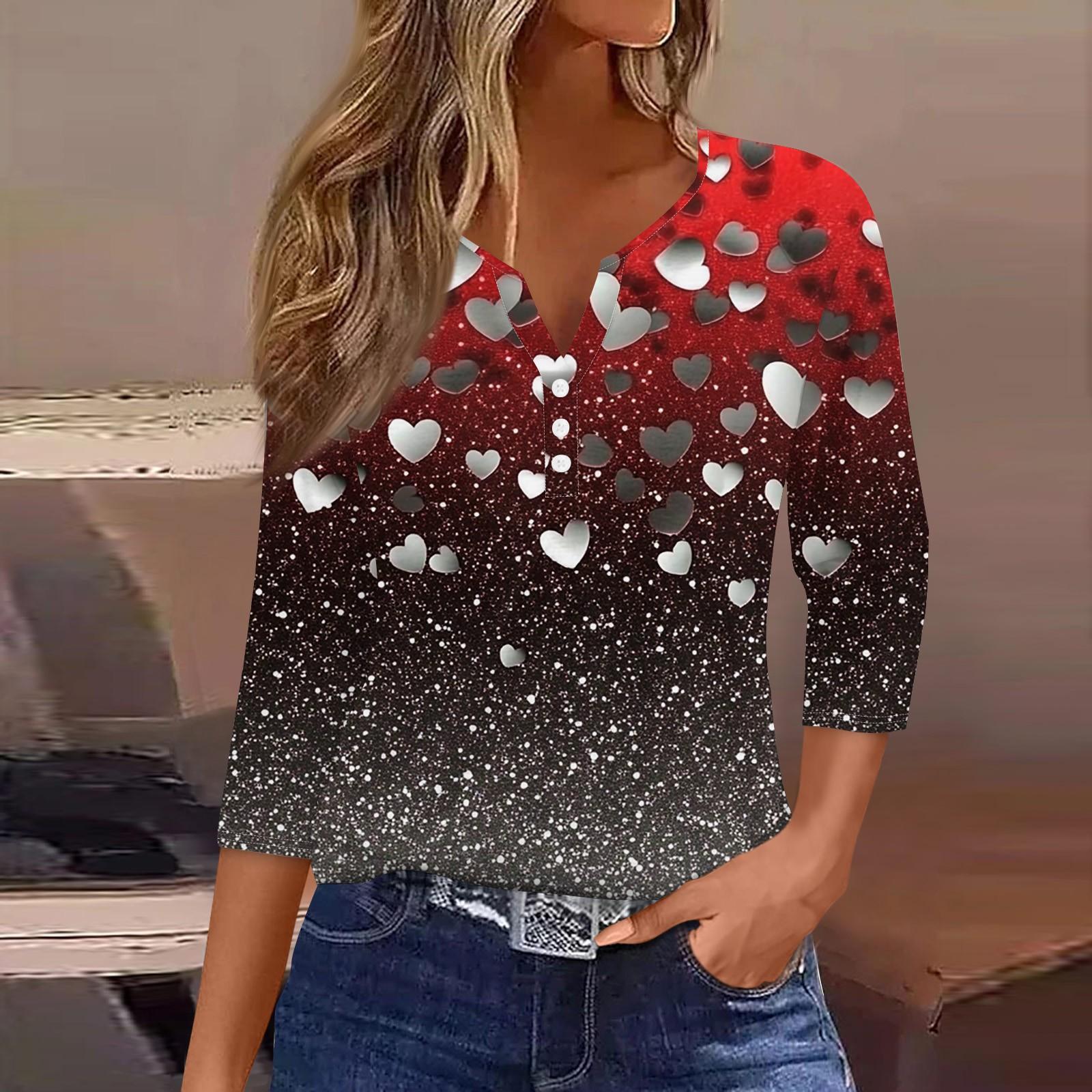 

Женская модная повседневная футболка с V-образным вырезом и декоративными пуговицами на День святого Валентина с рукавом три четверти XXL серебряный