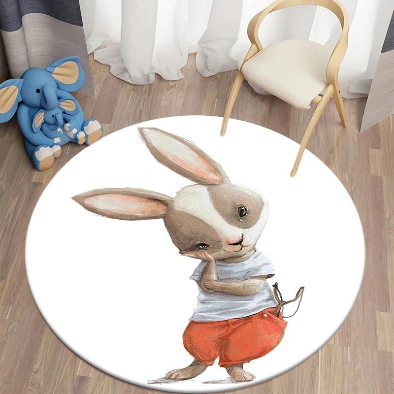 Cartoon Bunny Print Round Carpet Rabbit Area Rugs Circle Carpets for Living Room Floor Mat Polyester Anti-Slip Mats for Children