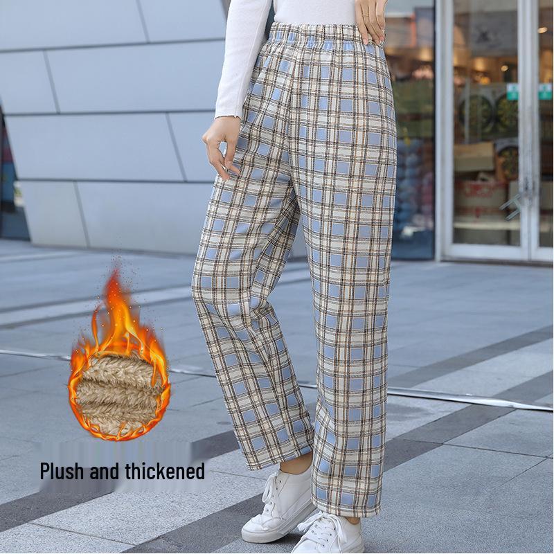 

Women s Winter High-Waist Lambswool Plaid Wide-Leg Pants with Velvet Lining One Size (Fits 80-140 Jin)