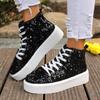 Fashion Luxury Sequined Thick Bottom Skate Shoes Women 2025 Autumn Round Toe Lace Up Casual Shoes Comfort Soft Sole Non Slip Sneakers