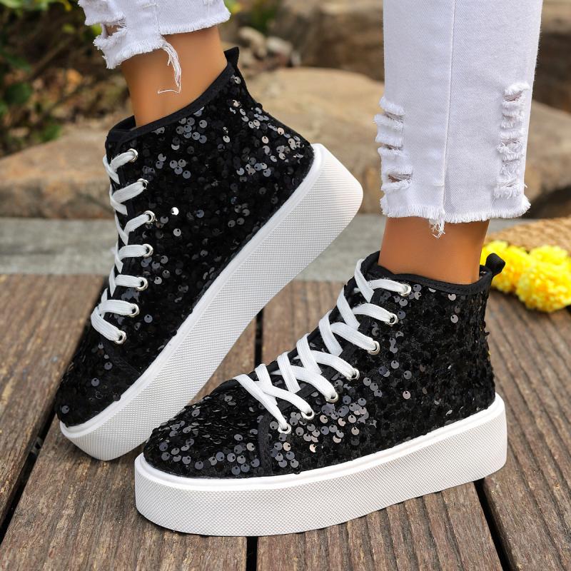 Fashion Luxury Sequined Thick Bottom Skate Shoes Women 2025 Autumn Round Toe Lace Up Casual Shoes Comfort Soft Sole Non Slip Sneakers