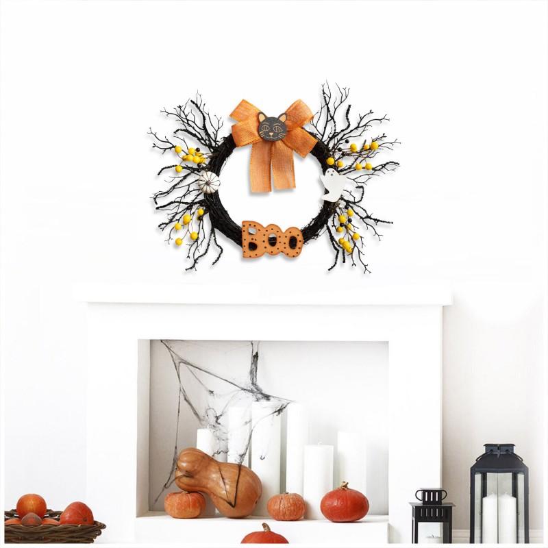 Halloween Wreath Decor With Black Cat Boo Pumpkin Ghost Hanging Ornament Home Party Door Wall Decoration