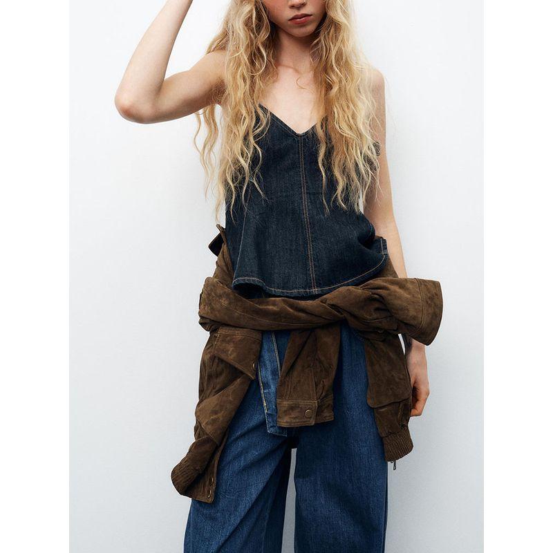 Za2025 Spring New Women Clothes Backless Wave Wide Swing V-neck Fine Sling Denim Top 8197064