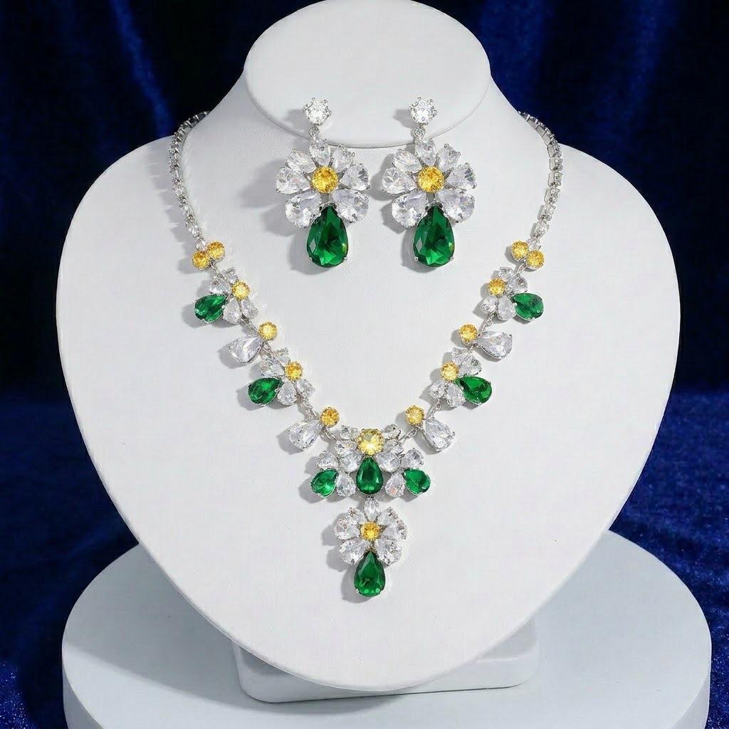 European & American Style Emerald Zircon Necklace and Earrings Set