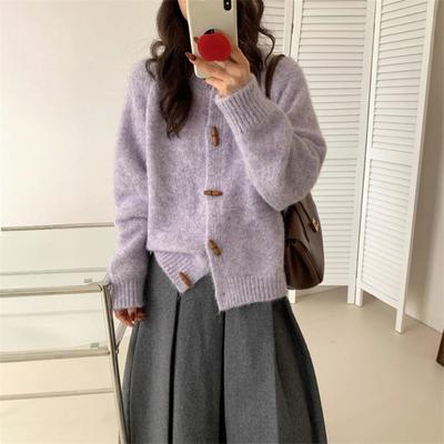 Herbst Winter Rundhals Einfarbig Locker Lässig Strickmantel Damen Knöpfe Strickjacke Oberbekleidung Top