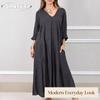 JPNTKY Women's Fashion Autumn Winter Solid Color Print V-Neck Long Sleeve Casual Dresses