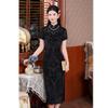 Elastic mesh flocking long short-sleeved cheongsam early autumn new fashion slim-fit high-end daily cheongsam skirt