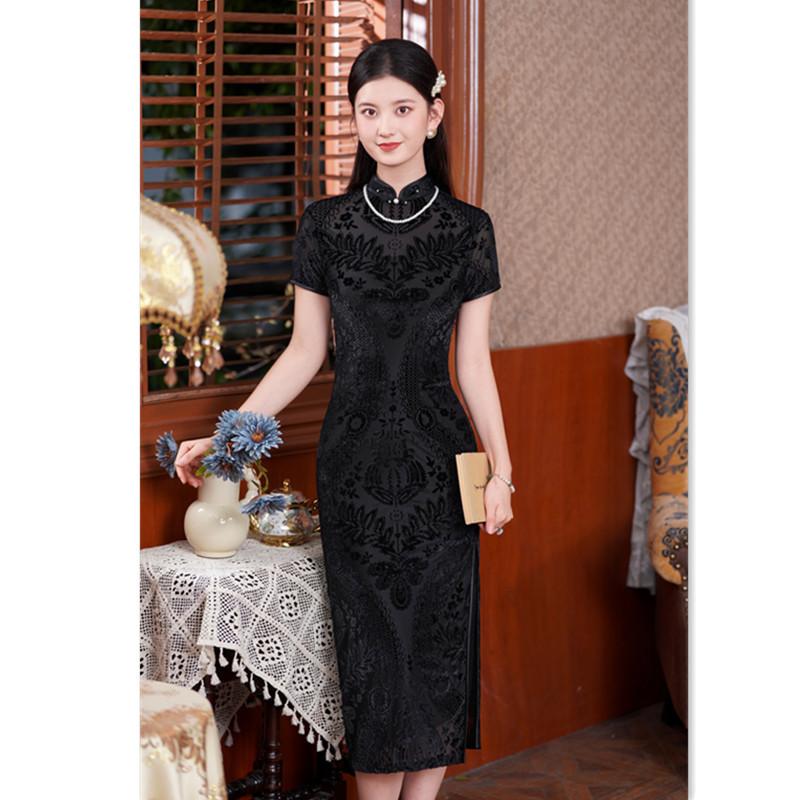 Elastic mesh flocking long short-sleeved cheongsam early autumn new fashion slim-fit high-end daily cheongsam skirt