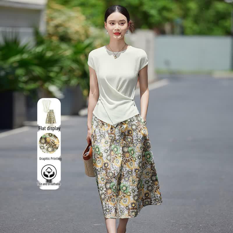 Women s Summer Floral Print Two-Piece Skirt Set M