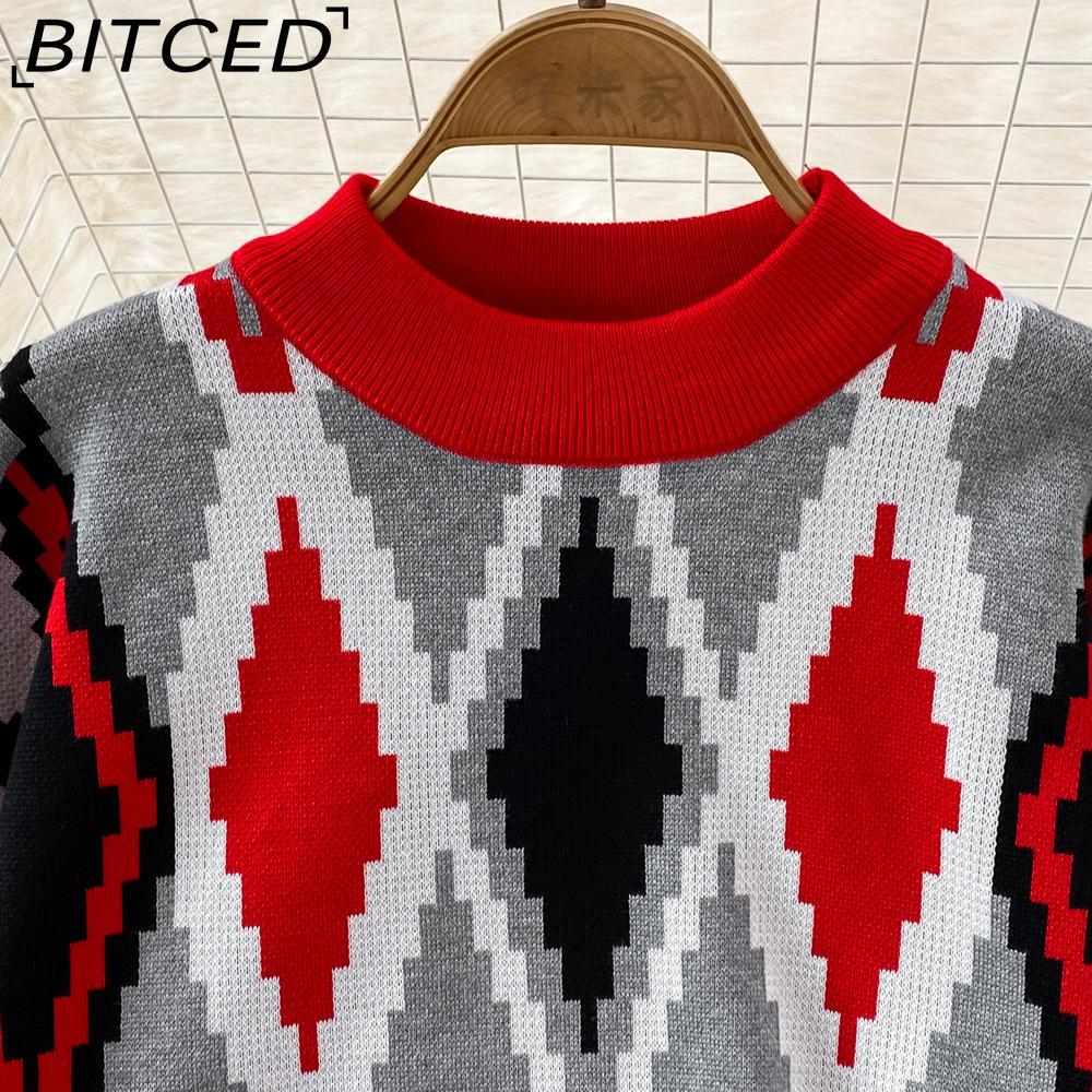 BITCED Conjunto de Moda para Mujer Otoño Invierno Suéter Holgado de Manga Larga a Cuadros Conjunto de Dos Piezas Pantalones de Punto Rectos de Pierna Ancha Adelgazantes de Cintura Alta