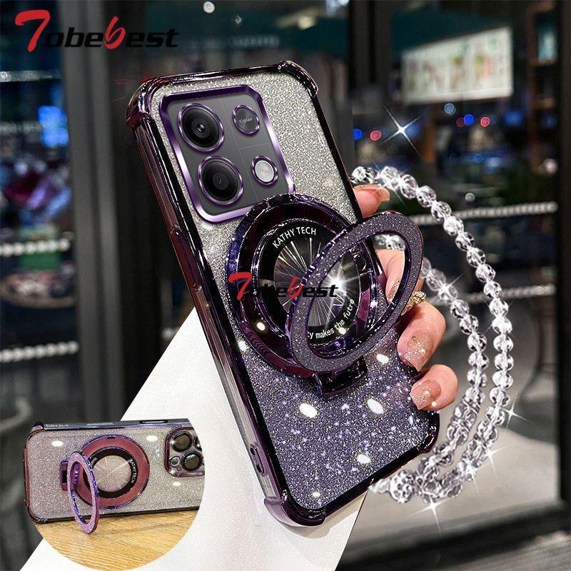 Shockproof Glitter Plating Crystal Bracelet Magsafe Phone Holder Case For Xiaomi Redmi Note 14 13 13R 12 11 10 9 Pro 4G 5G