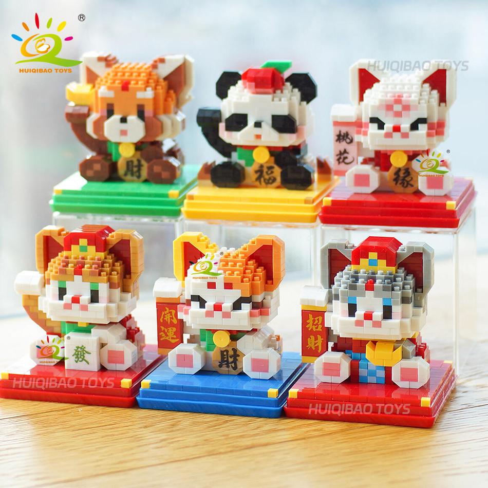 Cute Animal Mini Lucky Cat for Wealth Fortune Micro Model Building Block Cartoon Diamond Pets Bricks Decoration Toys