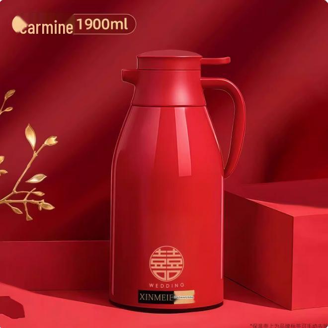 Set of Large Capacity Red Thermos Flasks with Glass Inner Liner - Perfect for Warming or as a Wedding Dowry.