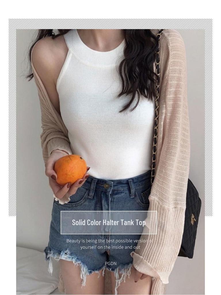 Damen Schwarzes Ärmelloses Strick Halter Tanktop für den Sommer