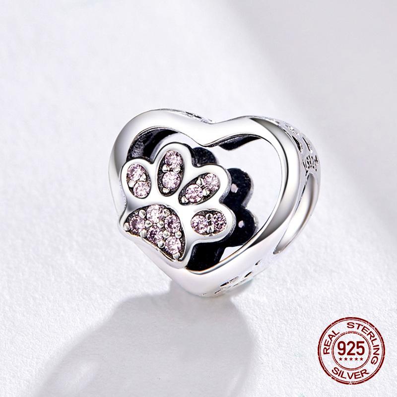 Fit Bangle Original Bracelet Charms Cat Printed Heart Shaped Beads 925 Sterling Silver Charm Jewelry Diy Making