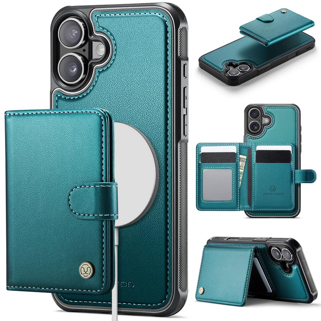 For iPhone 16 Plus Case JEEHOOD J09 RFID Blocking Card Holder Leather Back Phone Cover Compatible with MagSafe