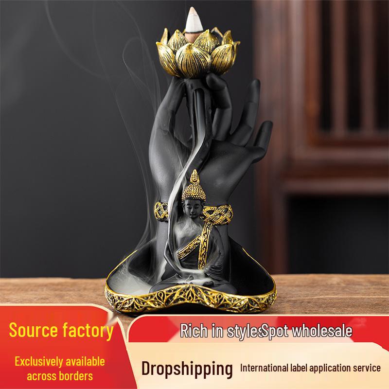 Black Gold Buddha Hand Lotus Incense Burner - Multi-functional Backflow Indoor Sandalwood Zen Ornament. ps1118