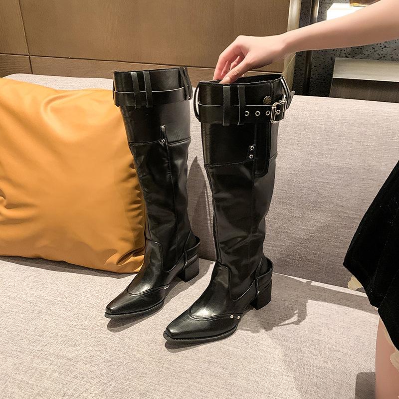 But Knee Boots Women's 2025 Autumn and Winter Khaki Suede Pointed Boots Children Thick Heel Thin Pleated Piled Boots