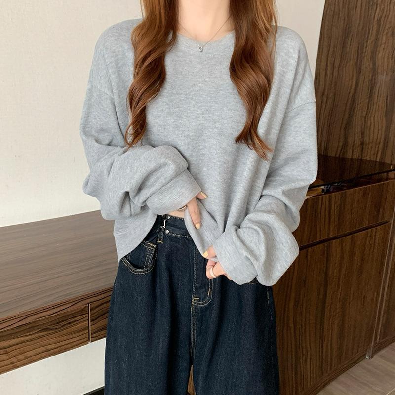 Spring Autumn Korean Minimalist Solid Loose Cropped Long Sleeve Round Neck Hoodie Women Student High Waist Top