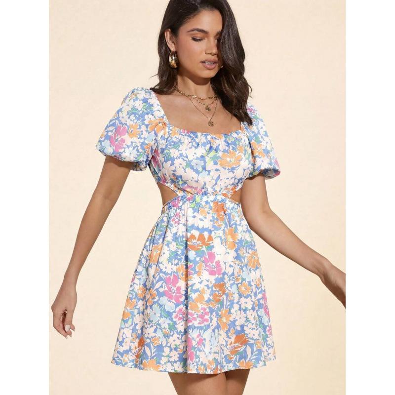 Europe, America 2026 summer new seaside vacation flower print sweet age-reducing floral dress S синий