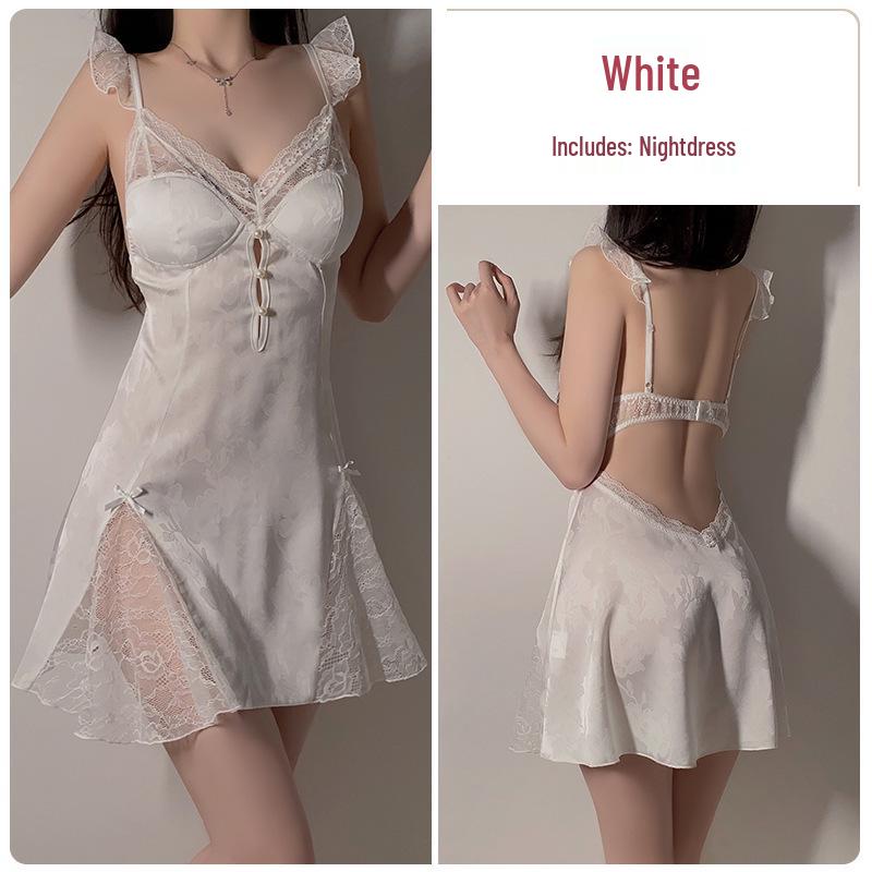 Gorgeous Plus Size Ice Silk Backless Pajama Set with Deep V Padded Camisole and Outer Robe - C4424