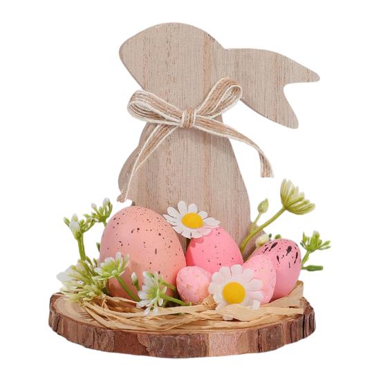 Wooden Easter Bunny Decoration Farmhouse Rustic Artificial Flower Colorful Egg Rabbit Table Sign Desktop Ornament
