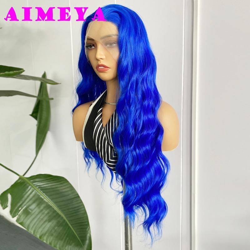 AIMEYA Blue Lace Front Wig Long Deep Wave Synthetic Lace Wigs for Women Heat Resistant Natural Hairline Daily Wear Cosplay Wigs