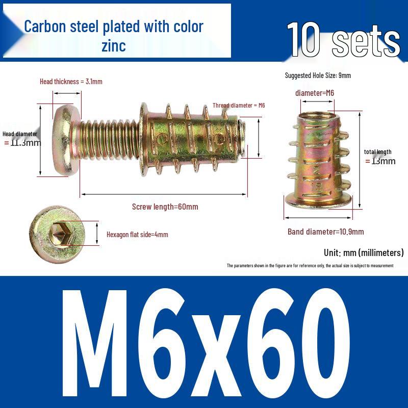 Flat Head Hex Socket Screws & Pre-embedded Nut Set for Wooden Bed Connectors