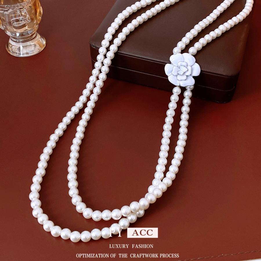 Podwójny Kwiatowy Wisiorek z Szklanych Pereł Naszyjnik Styl Dworu Średniowiecznego Delikatny Łańcuszek do Swetra Casualowy Naszyjnik