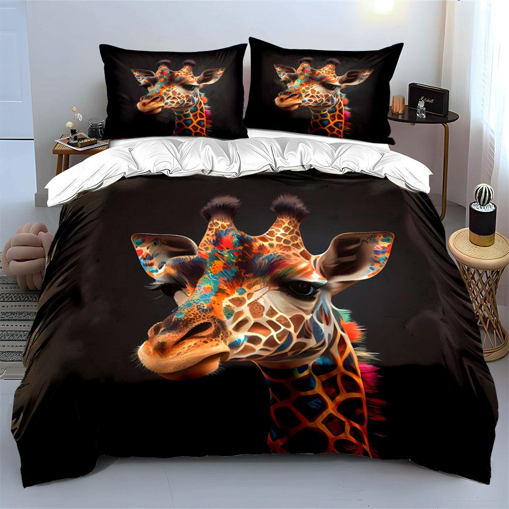 Colorful Giraffe Close-Up Duvet Cover Set With 3D Printing Design Soft Polyester Bedding Set All-Season Comfort Luxury Gifts