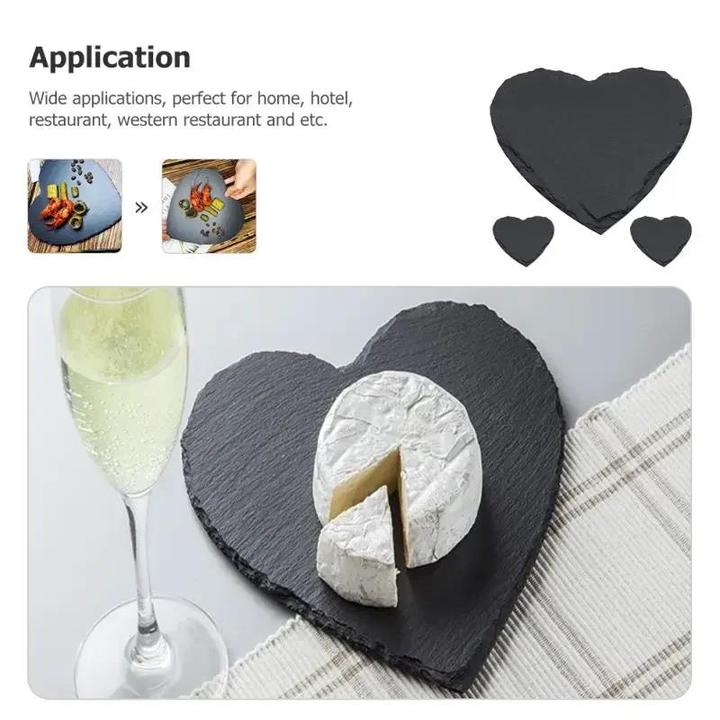 3Pcs Natural Slate Steak Plate Heart Shaped Dessert Dish Dinner Plate Food Storage Plate 15*15cm