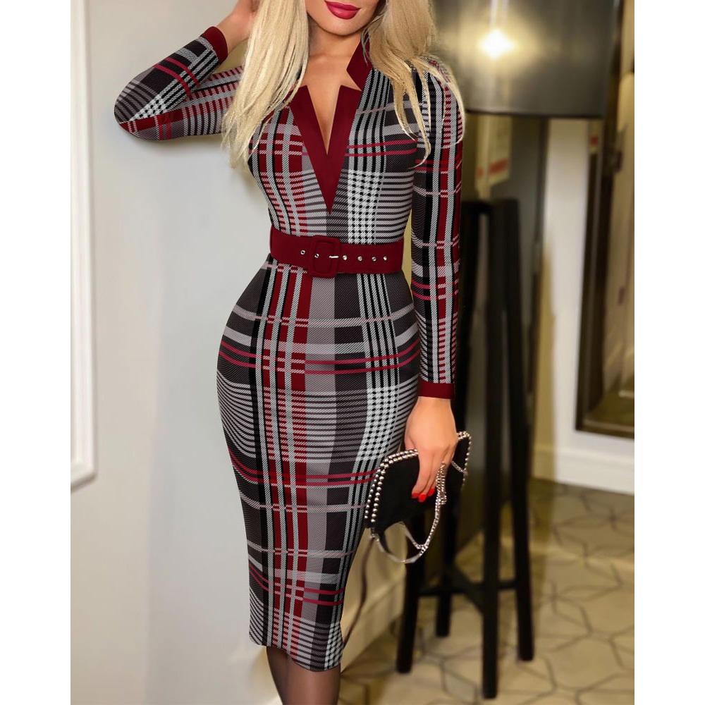 

HNXC Spring Autumn Fashion Checkered V-neck, Body-hugging, Long-sleeved and Sexy Dress for Women S