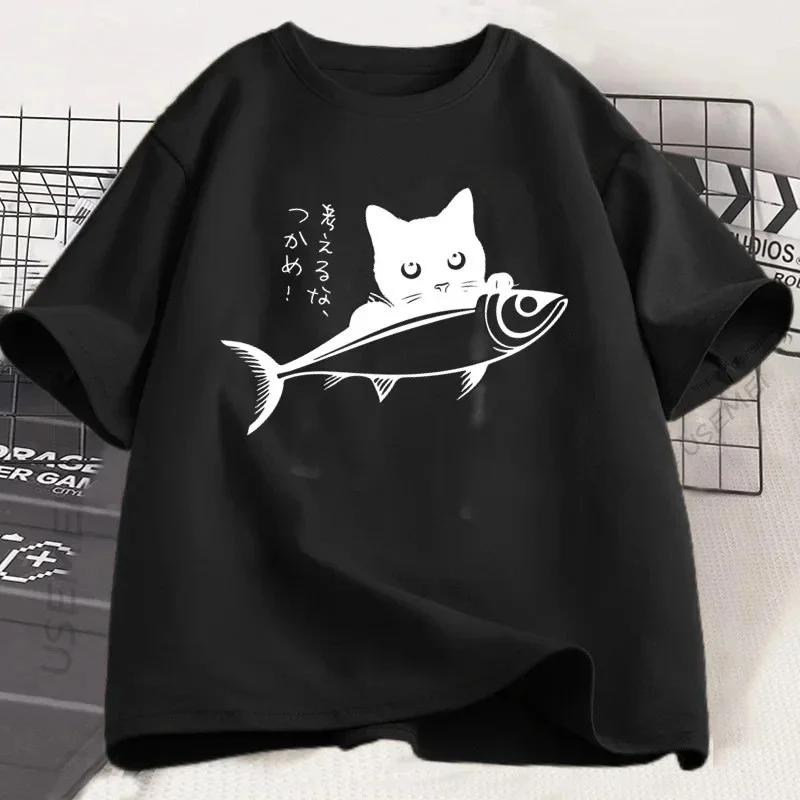 ZX Tee Black Cat T Shirt Women Cat Lover Tshirt Japanese Streetwear Fish T-Shirt Funny Kawaii Cat Owner Tshirt Women Short Sleeve