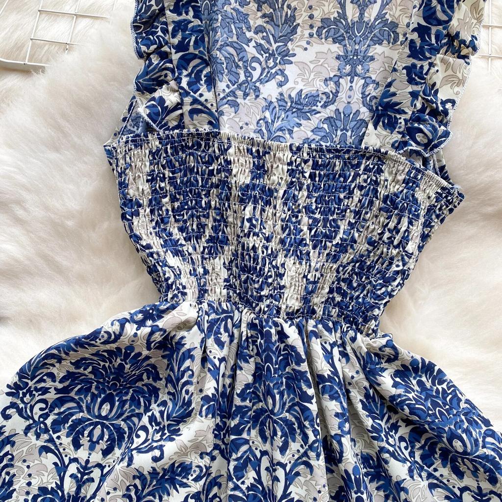 Korean Series Wear  Retro Print Vacation Skirts Sweet Flng Sleeves Sling Waist Hugging Slimming Short Dress