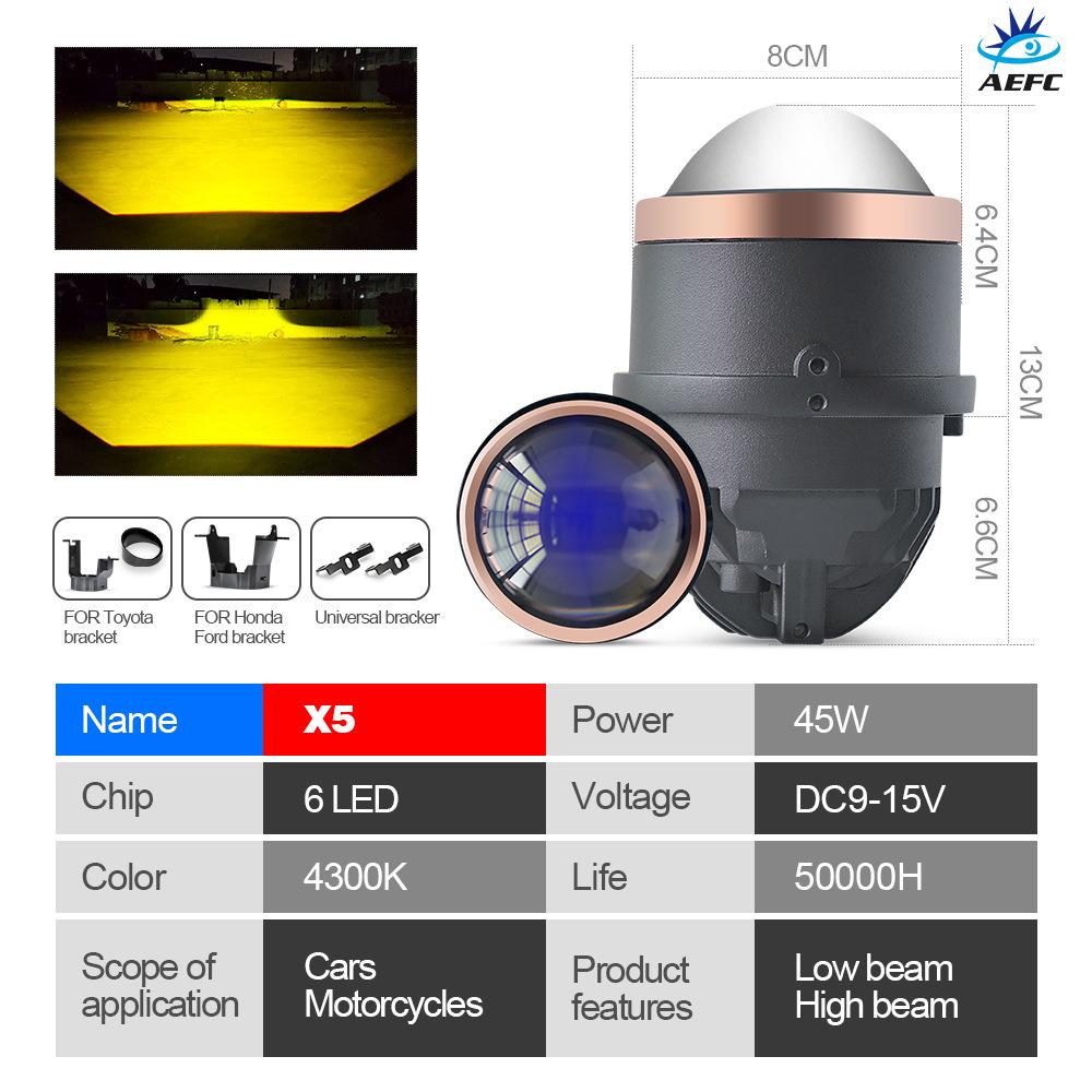 Car LED Fog Light, Bifocal Lens 3 Inches, Three-color LED Light 30-85W Double Direct Laser Fog Light Waterproof