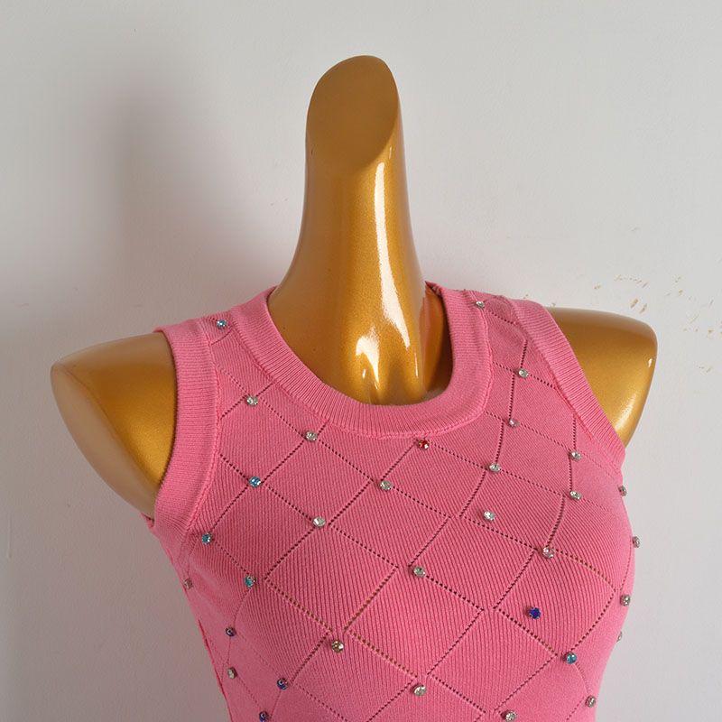 Sexy Stylish Heavy Industry Beads Diamond Knitting Vest Women's Summer New Arrival Silm Slim Looking All-Matching Short Top