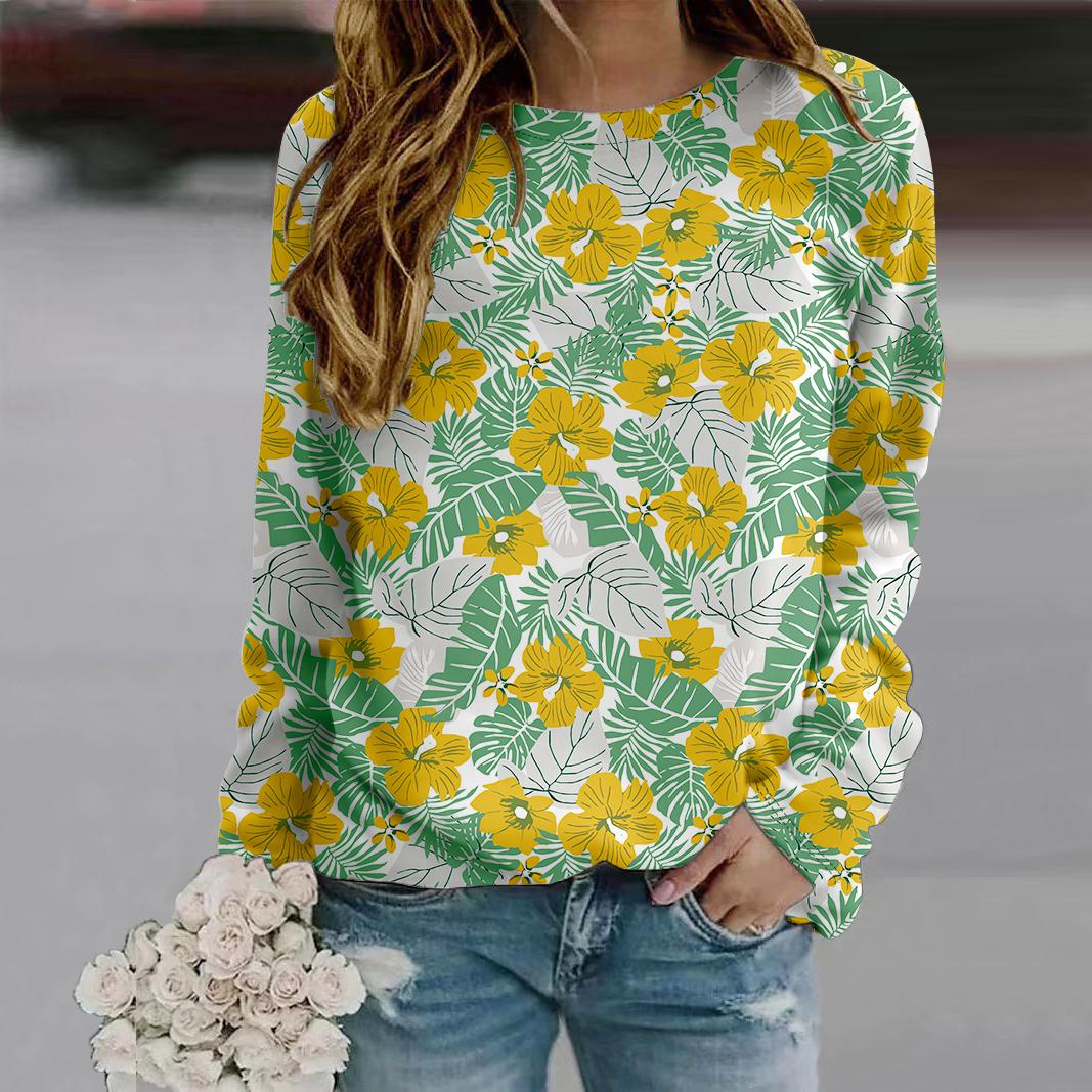 

Осенне-осенняя женская модная футболка с длинным рукавом и круглым вырезом, свободная одежда, синяя футболка с принтом пиона для девочек, уличная XL жёлтый