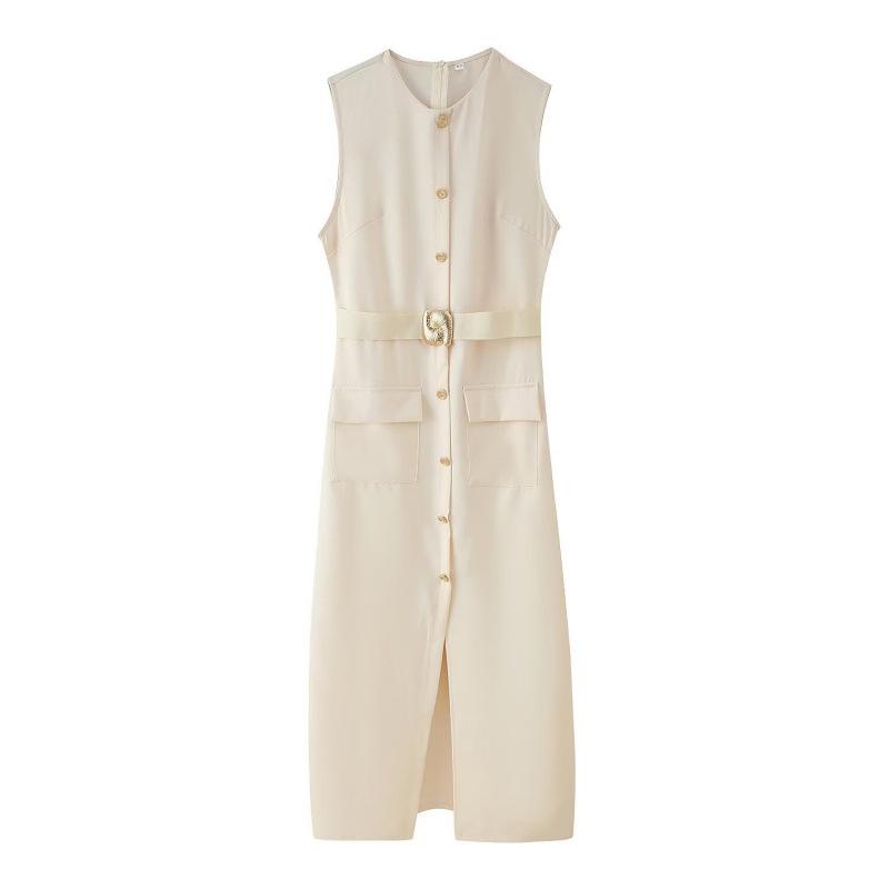 European and American Women's Sleeveless Belted Midi Dress - Chic, Round Neck Style