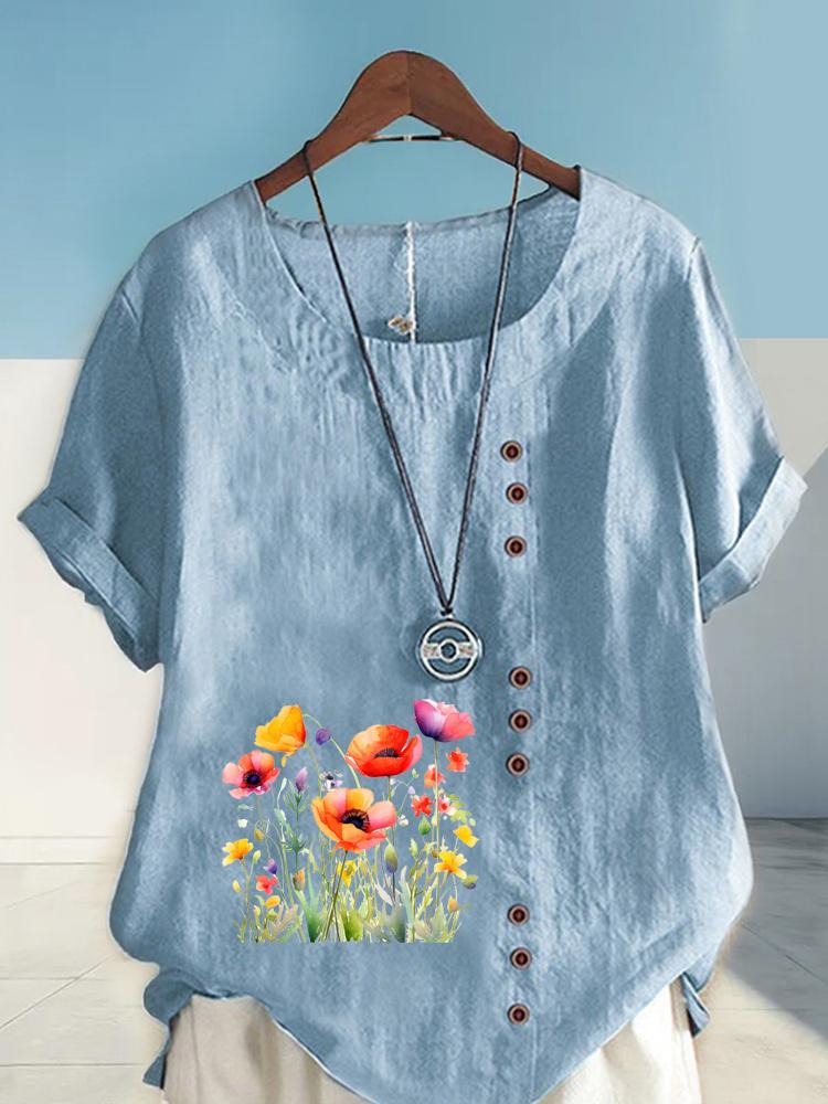 Women's Fashion Flower Print Casual Cotton Linen Short Sleeve Round Neck T-shirt Shirt Leisure Loose Summer Blouse Tops