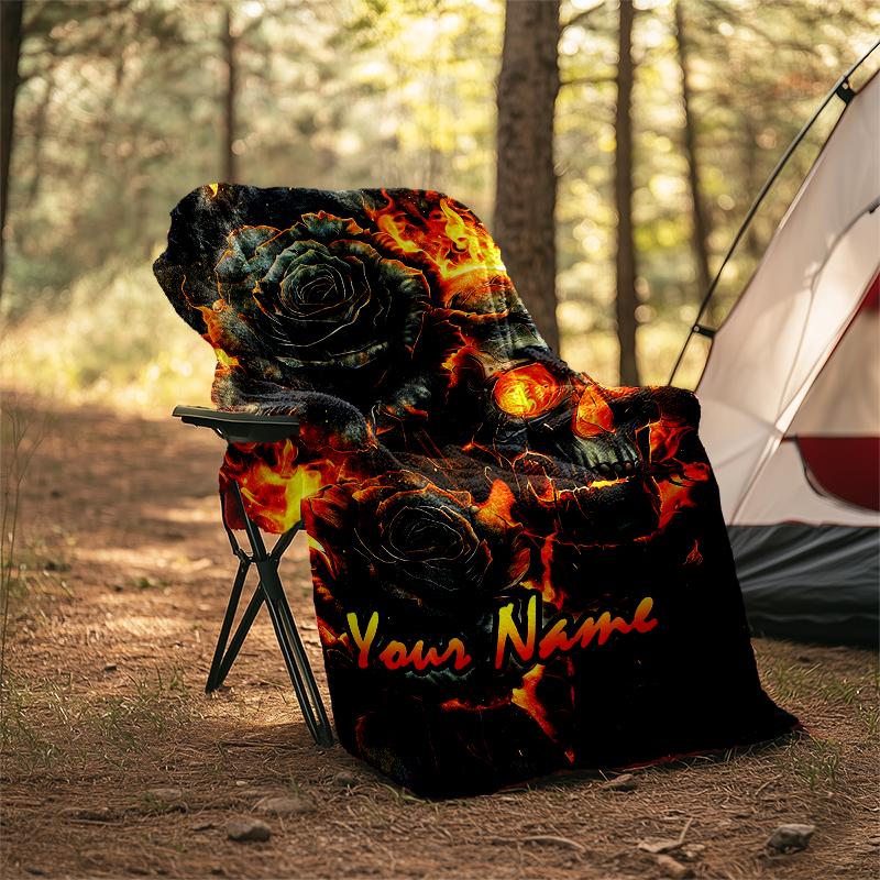 1PC Custom Name Roses Skulls Outdooor Flannel Blankets Patterns Throw Blanket All-Season Soft Gift for Couch, Bed, Camping Gifts
